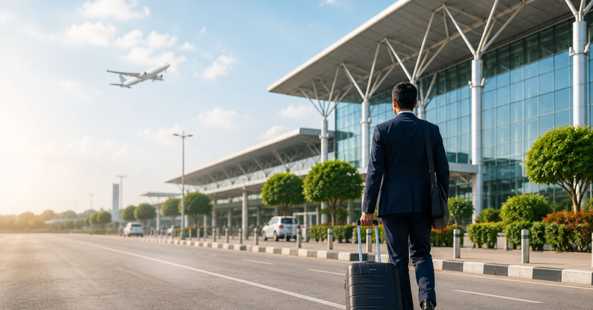 The 15-Minute Rule Why Staying Near IGI Airport Saves Your Business Trip (2) Business traveler near IGI Airport Terminal 3 highlighting the 15-minute rule for efficient Delhi business trips